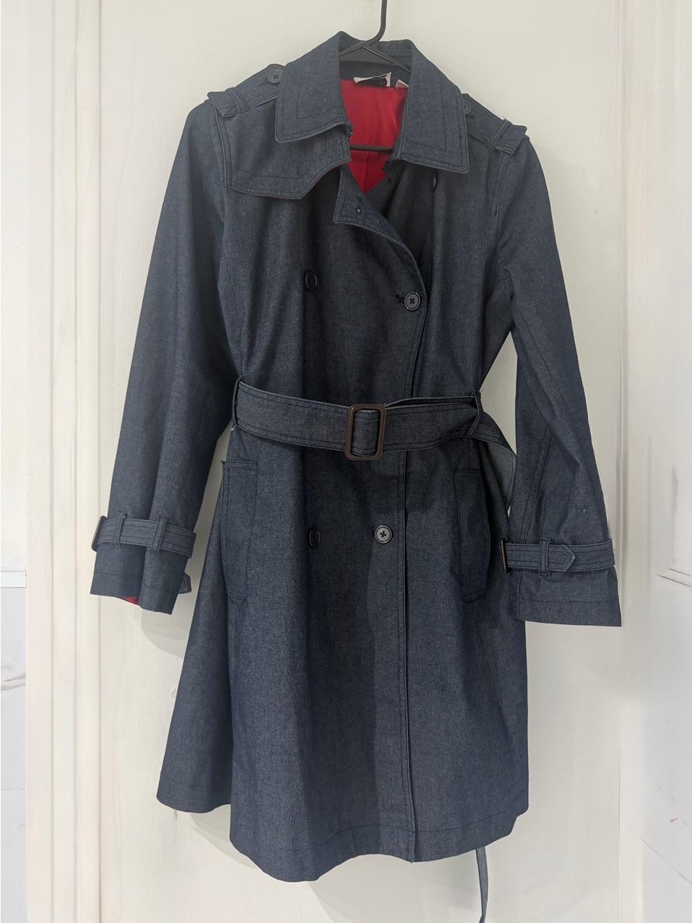 Joan Rivers Denim like Double-Breasted Trench Coat with Belt